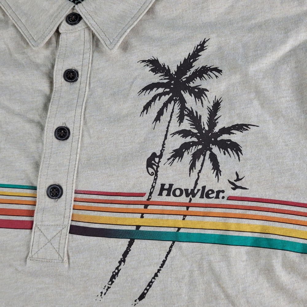 Howler Bros Polo Shirt Men's Large Beige Retro Palm Tree Monkey Graphic Cotton
